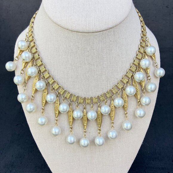 Coro Gold Tone Pearl Drop Waterfall Fringe Bib Necklace - signed - Picture 12 of 15